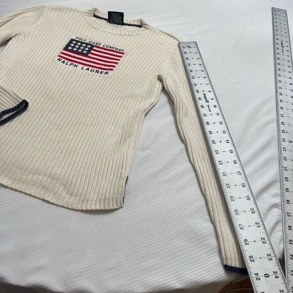Vtg Ralph Lauren Sweater Womens L Cream US Flag Embroidered Crew Neck Cotton - Picture 4 of 8